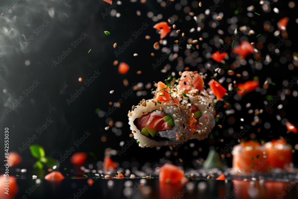 Naklejka premium Salmon and avocado sushi roll with sesame seeds and smoked paprika in mid-air