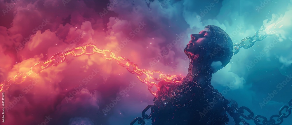 A figure chained and reaching toward a fiery sky. A figure chained and reaching toward a fiery sky.