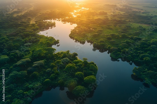 Serene Tropical River at Sunrise - Aerial View of Lush Greenery for Nature  Tranquility  and Environmental Design