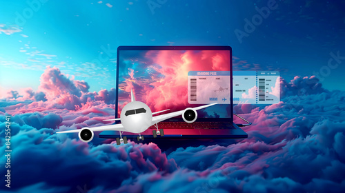 A computer screen shows a white airplane flying through a cloud and a ticket comes out of the screen.concept online purchase of airline tickets. photo