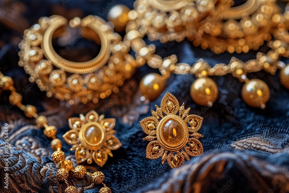 Obraz premium Detailed and elegant gold jewelry pieces with beads are featured in a closeup on a luxurious, dark, patterned fabric, exuding opulence and sophistication