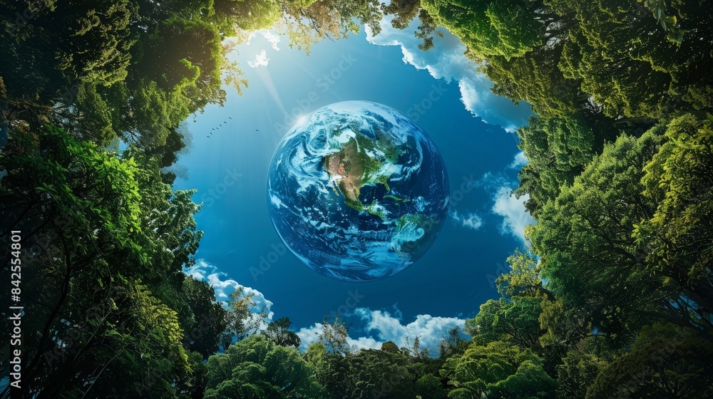 Naklejka premium A vibrant Earth globe seen through a lush green canopy of trees, symbolizing the importance of nature and sustainability.