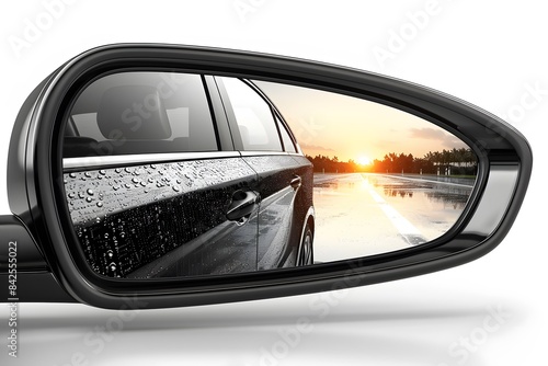 Clean Car with Raindrops on Side Mirror Reflected in Wet Road at Sunset - Automotive Stock Image