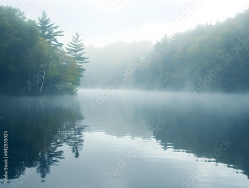 Peaceful lake shrouded in mist during the early hours of the morning with calm waters.
