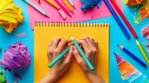 Hands crafting a colorful and engaging business plan.  photo
