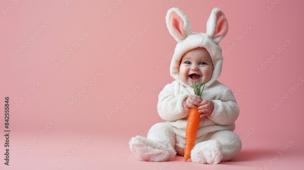 Adorable baby dressed as a bunny holding a carrot, smiling against a pink background. Adorable baby dressed as a bunny holding a carrot, smiling against a pink background.