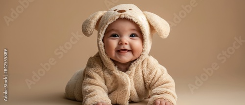 Adorable baby in a dog costume, smiling and looking up.