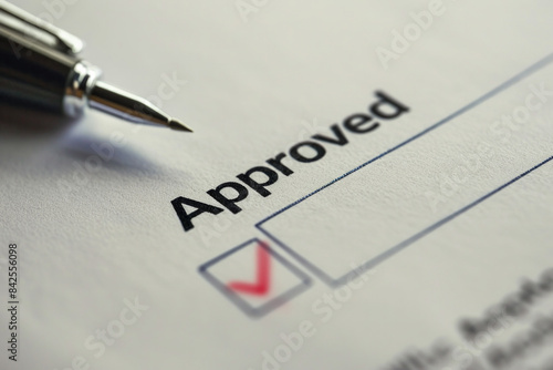 A close-up of an official document with a checkbox marked, signifying approval. The document might have a header like "Approved" and some text or signature below. 