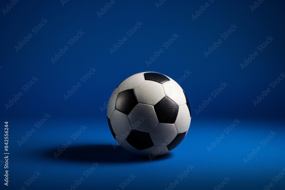 Fototapeta premium A classic black and white soccer ball rests on a bright blue background, casting a subtle shadow.
