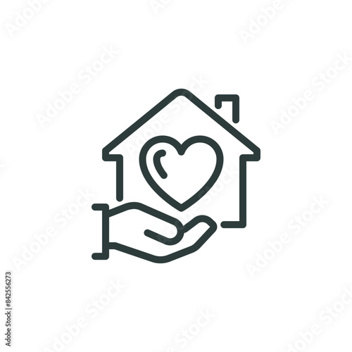 Thin Outline Icon Hand is Holding a House With a Heart Inside. Such Line Sign as Care Home or Shelter, Estate property. Vector Isolated Pictogram on White Background Editable Stroke.