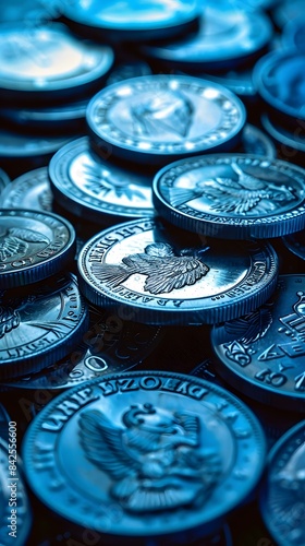 Blue Toned Coins Close Up