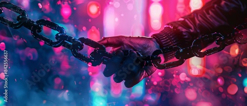 Gloved hand grasping a chain against a blurred background of neon lights. photo