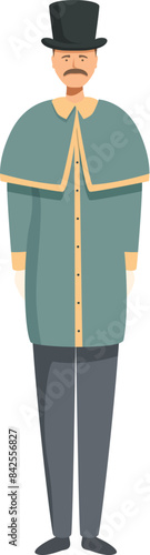 Victorian gentleman wearing a top hat and an overcoat standing upright
