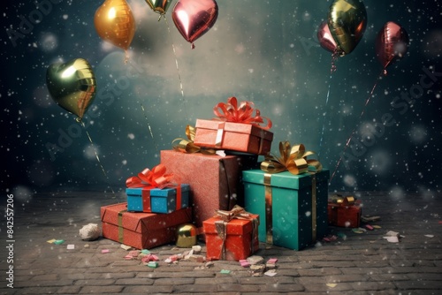 Boxing day sale seasonal promotion background. Various presents gift box with ribbon, Christmas decor, ribbons. © Ox_art