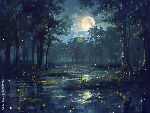 Enchanting moonlit swamp alive with flickering fireflies and echoed croaks from hidden frogs at night. photo