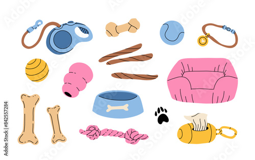 Dogs toys cartoon set. Pets supplies, playing accessories for puppy. Canine knotted rope, ball, collar, chewing items, squeaky ball, bowl. Flat vector illustrations isolated on white background