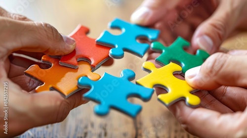 Hands holding puzzle pieces forming a colorful business diagram. 