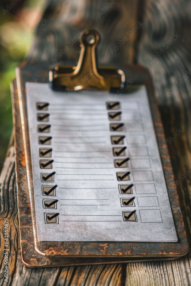 A clipboard with a detailed checklist where all checkboxes are ticked off, indicating that each task or item has been verified and completed. A clipboard with a detailed checklist where all checkboxes are ticked off, indicating that each task or item has been verified and completed.