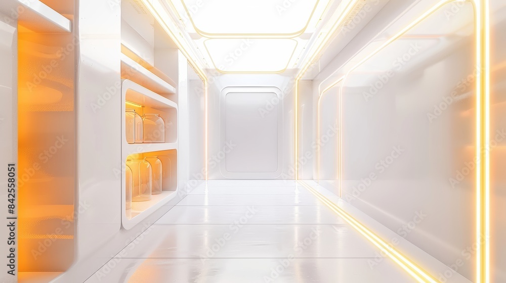 A white wall with light orange and yellow elements of the laboratory, a simple design, a long shelf on one side, highdefinition, C4D rendering style, symmetrical composition, soft lighting, minimalist A white wall with light orange and yellow elements of the laboratory, a simple design, a long shelf on one side, highdefinition, C4D rendering style, symmetrical composition, soft lighting, minimalist