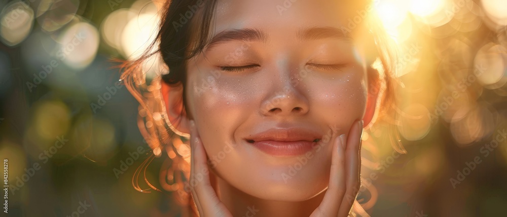 Fototapeta premium Woman with closed eyes touching her face in the sunlight.