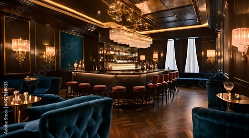 Bar table with luxury blue bar stools. Luxury loft lounge bar interior