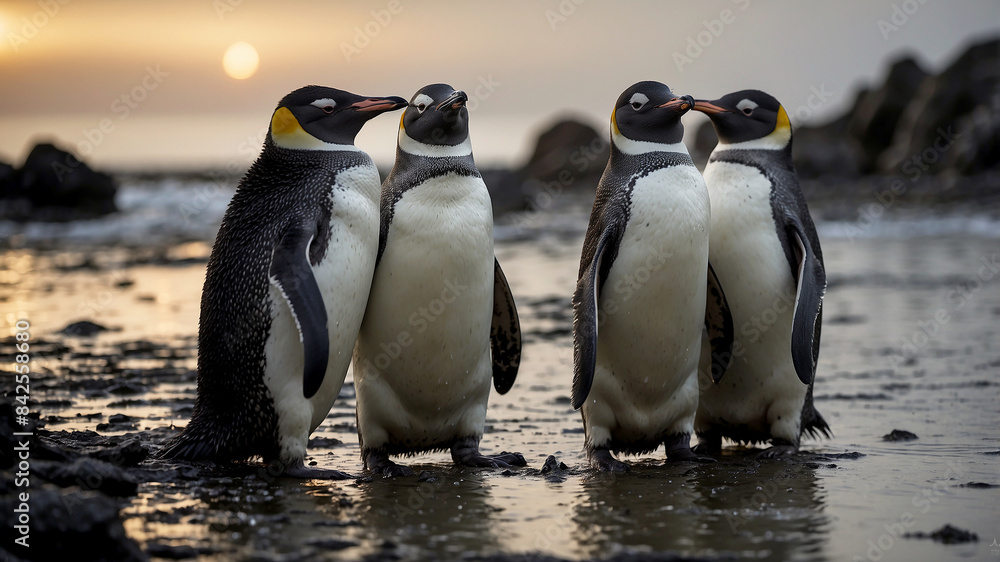 Obraz premium penguins, covered in oil, huddle together on a dark, polluted beach, struggling to move and find clean water