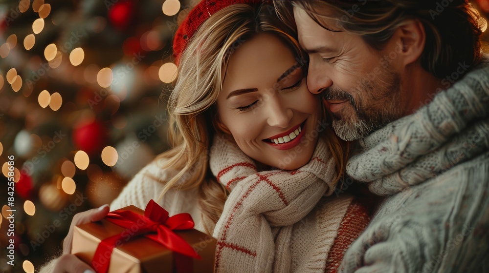Indoor, a white couple leaned together, and the woman covered the man's eyes with her left hand and handed the gift to him with her right hand, Tilt-shot, Photorealistic, clean background trending, Br Indoor, a white couple leaned together, and the woman covered the man's eyes with her left hand and handed the gift to him with her right hand, Tilt-shot, Photorealistic, clean background trending, Br