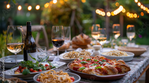 A rustic Italian dinner table set outdoors  laden with homemade pasta  freshly baked bread  and bottles of local wine  under string lights.