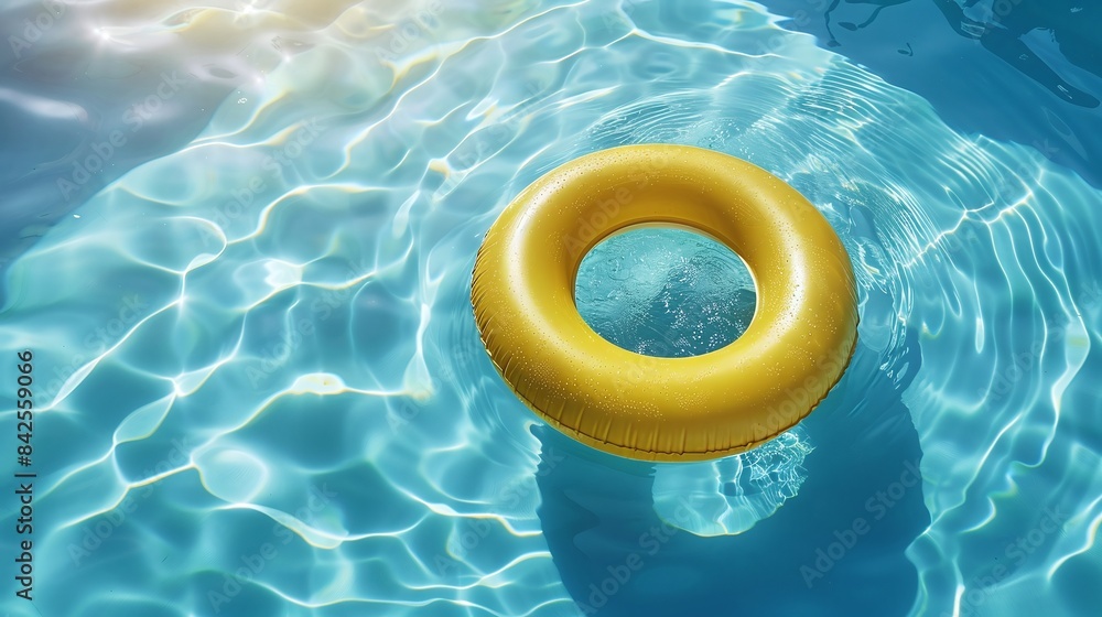 yellow swimming pool ring float in blue water. concept summer background, top view with copyspace yellow swimming pool ring float in blue water. concept summer background, top view with copyspace