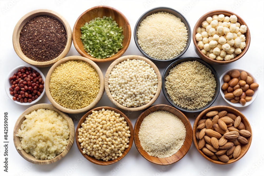 Various cereal, grain, bean, legume and seed in bowl on white background, Food ingredients. Ai generated Various cereal, grain, bean, legume and seed in bowl on white background, Food ingredients. Ai generated