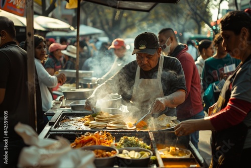 A street vendor in Mexico City making tacos al pastor, with a crowd of locals and tourists eagerly waiting, highlighting authentic street food culture.