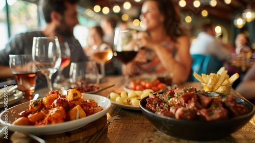 A tapas bar in Spain, with patrons enjoying small plates like chorizo, patatas bravas, and gambas al ajillo, surrounded by lively conversation. photo