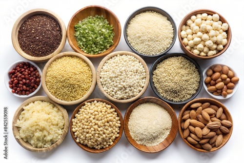 Various cereal, grain, bean, legume and seed in bowl on white background, Food ingredients. Ai generated