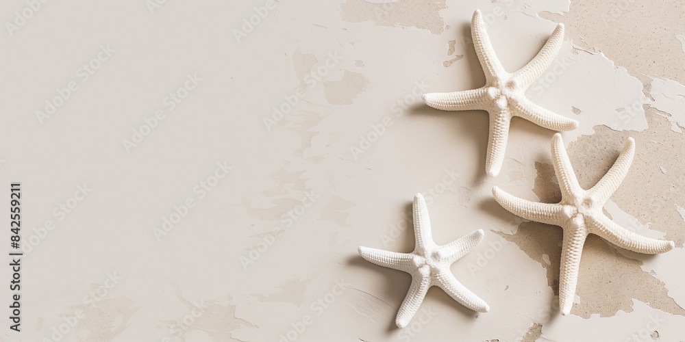 White starfish on a beige background. Vacation and marine theme. Design for print, poster, and greeting card. White starfish on a beige background. Vacation and marine theme. Design for print, poster, and greeting card.