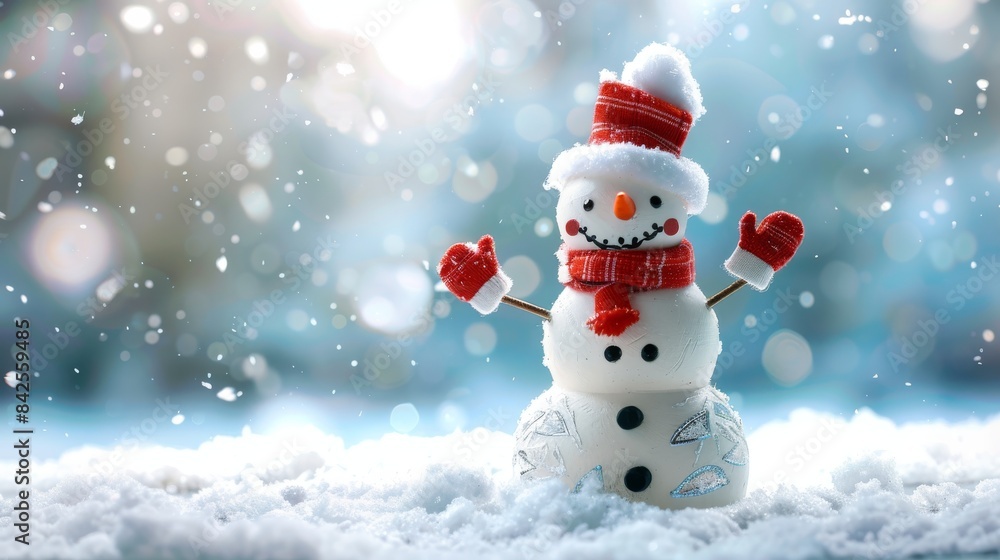 A cute snowman is standing in the snow. He is wearing a red hat and scarf, and has a carrot for a nose. The background is a winter landscape with snow-covered trees and mountains. A cute snowman is standing in the snow. He is wearing a red hat and scarf, and has a carrot for a nose. The background is a winter landscape with snow-covered trees and mountains.