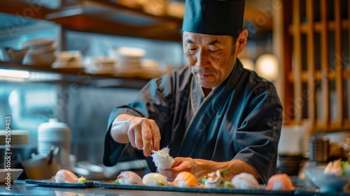 A traditional Japanese sushi chef crafting a perfect nigiri sushi piece, emphasizing precision and freshness in Japanese cuisine.