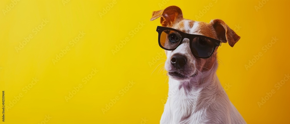 A studio shot of a dog wearing sunglasses against a yellow background A studio shot of a dog wearing sunglasses against a yellow background