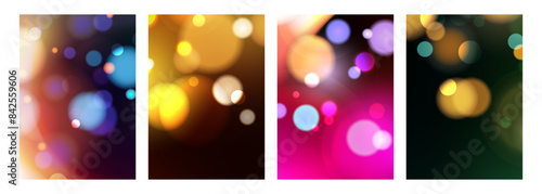 Bokeh lights. Set of abstract blurred backgrounds. Vibrant blur light effect. Graphic templates for festive cards, flyers and invitations. Vector illustration.