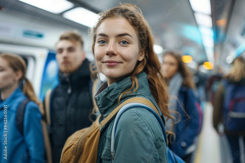 Portrait of beautiful young woman with backpack looking at camera in subway Portrait of beautiful young woman with backpack looking at camera in subway