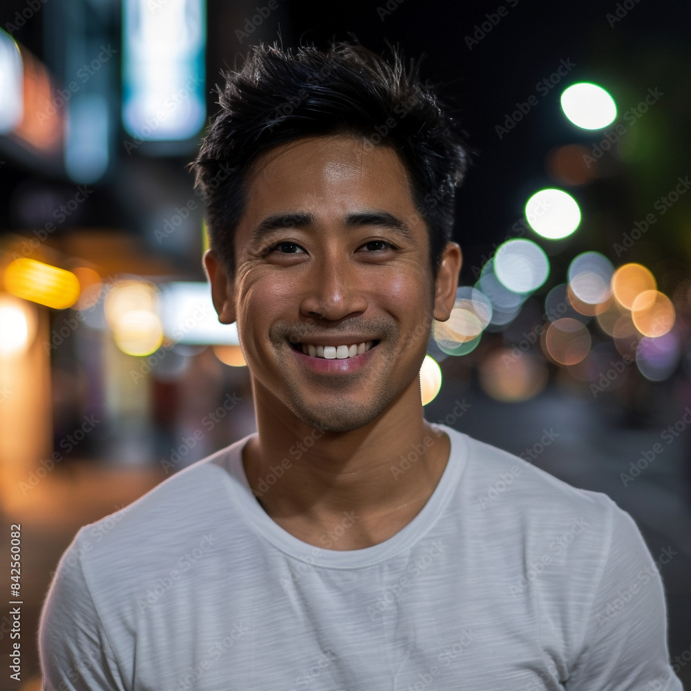 Attractive smiling Asian man sporting during midnight Attractive smiling Asian man sporting during midnight