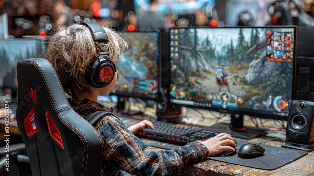 Gadget boy using technology for e-learning and e-sports. Gadget boy using technology for e-learning and e-sports.