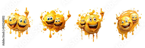 Set of a depiction of an emoji character with two smiling faces, pointing a finger on transparent background  photo