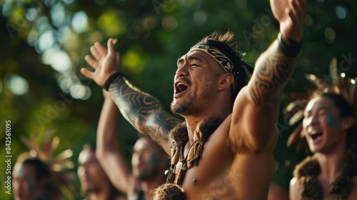 A group of Maori performing the haka at a cultural event, demonstrating the power and pride of their indigenous heritage. photo