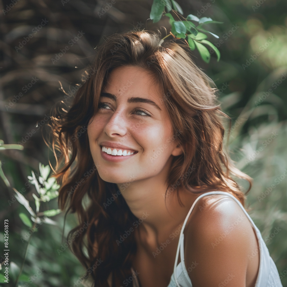 Attractive smiling Caucasian woman looking away during mid-day Attractive smiling Caucasian woman looking away during mid-day