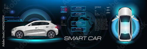 Presentation city electric car with network settings and parameters. Car with electronic touch control interface. Electric car with touch screen and control settings. Futuristic banner with car and se