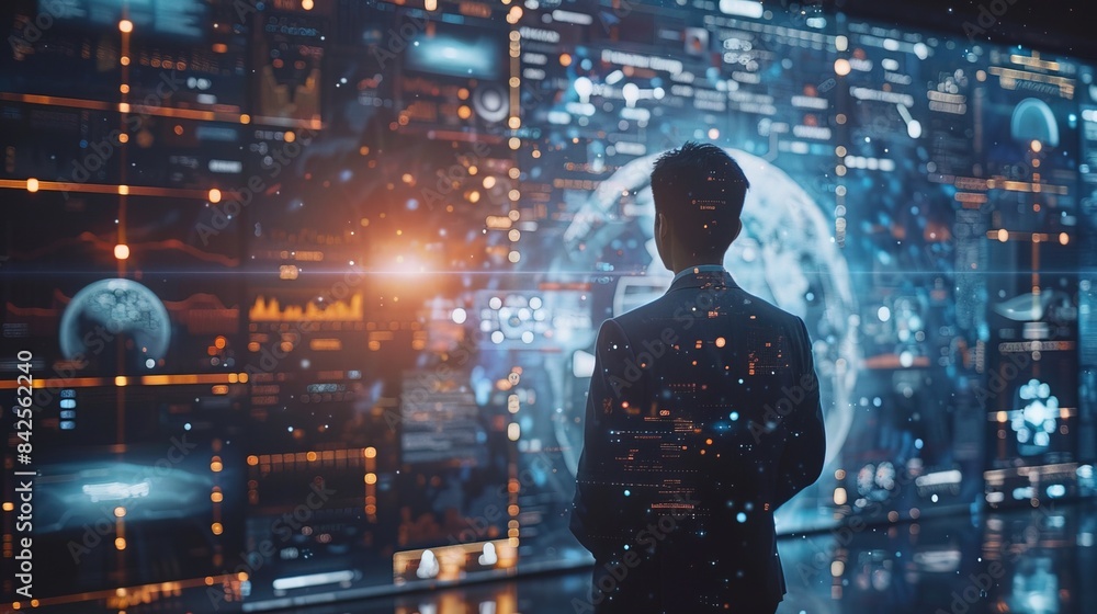 Fototapeta premium A businessman collaborates with AI algorithms, fostering innovation in a high-tech environment to stay ahead, virtual screen blend