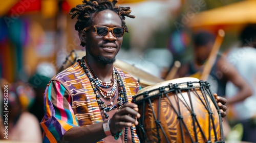 A Senegalese drum and dance ensemble performing at a cultural expo, sharing the vibrant beats and movements that celebrate Senegalese heritage.