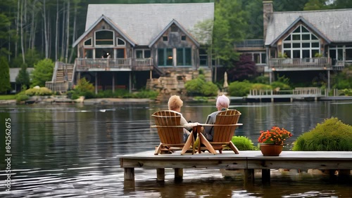 A couple is sitting on a dock by a lake, enjoying the view. The scene is peaceful and serene, with the couple looking out at the water and the surrounding landscape