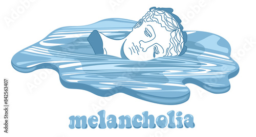 Antique statue in a puddle. Melancholia concept. Blue color