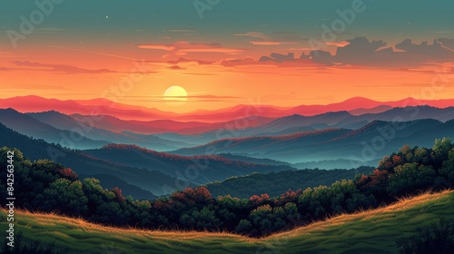 Sunset Over Rolling Hills  An illustration of a serene countryside with rolling hills  bathed in the warm hues of a setting sun.